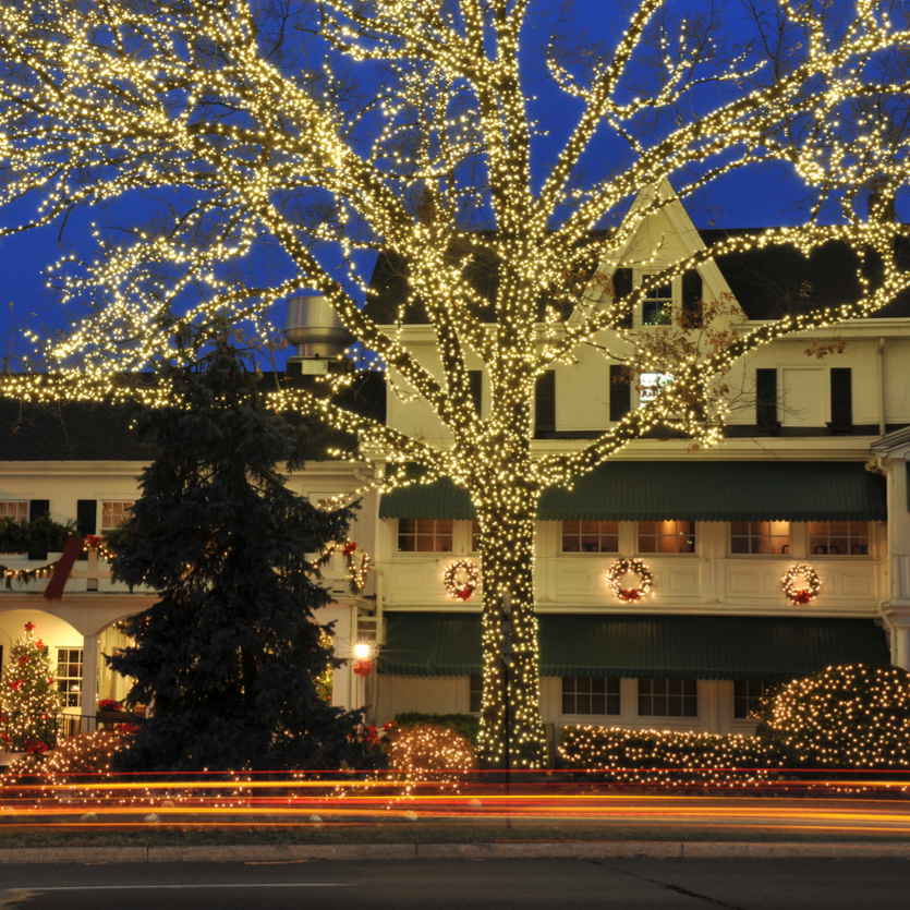 Image of a row of houses in a neighbourhood with beautiful and colorful lights